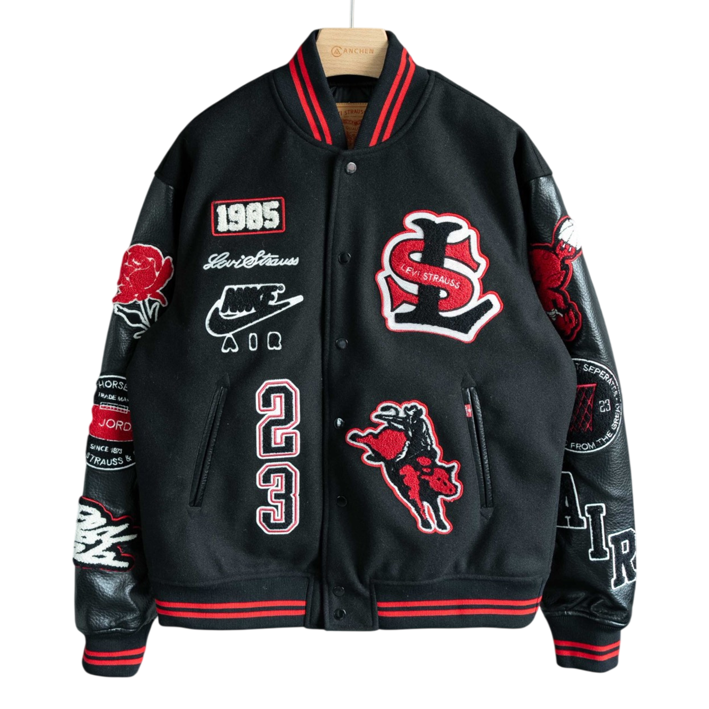 [Nike Jordan x Levi's]  나이키 조던 x 리바이스 바시티 자켓 블랙 짐 레드